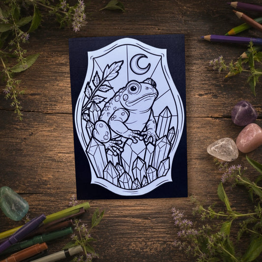 Carte postale à colorier. Grenouille magique. Illustration gothique à personnaliser. Format A6