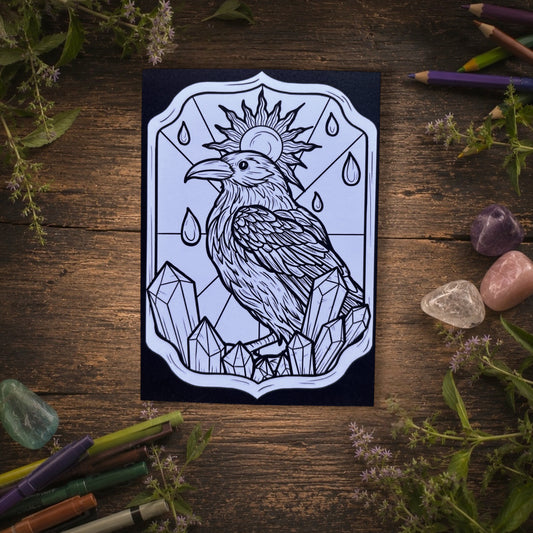 Carte postale à colorier. Corbeau gothique. Illustration gothique à personnaliser. Format A6