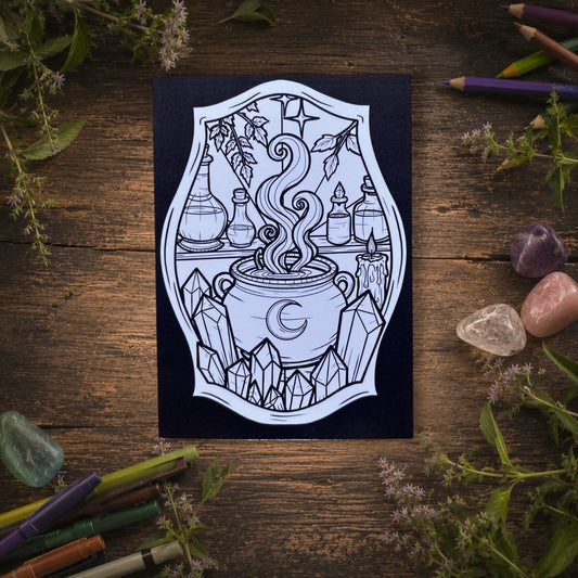 Carte postale à colorier. Chaudron de sorcière. Illustration gothique à personnaliser. Format A6