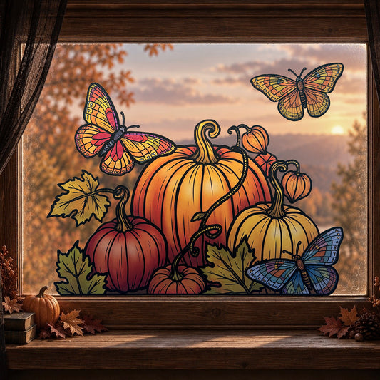 Citrouilles & papillons d’automne. Sticker fenêtre vitrail. Décoration repositionnable à découper