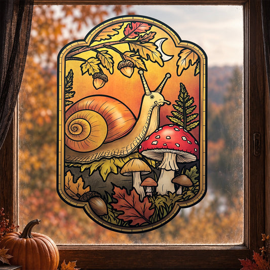 Escargot et champignons d’automne. Sticker fenêtre vitrail. Décoration repositionnable à découper