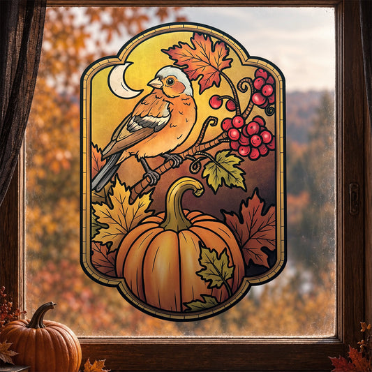 Oiseau & citrouille d’automne. Sticker fenêtre vitrail. Décoration repositionnable à découper