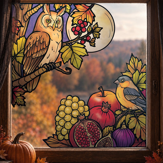 Chouette & fruits d’automne. Sticker fenêtre vitrail. Décoration repositionnable à découper