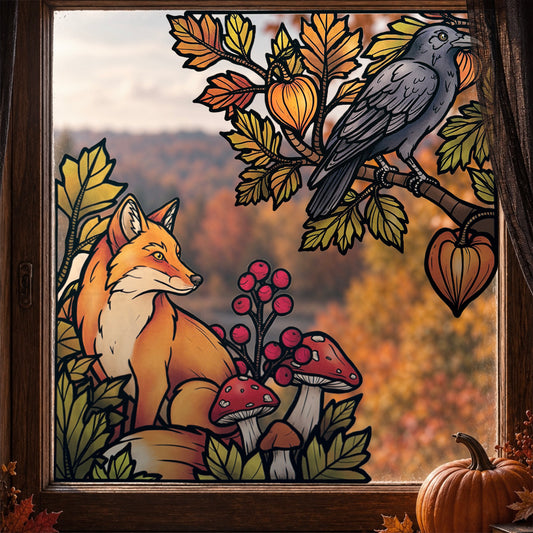 Renard & corbeau d’automne. Sticker fenêtre vitrail. Décoration repositionnable à découper