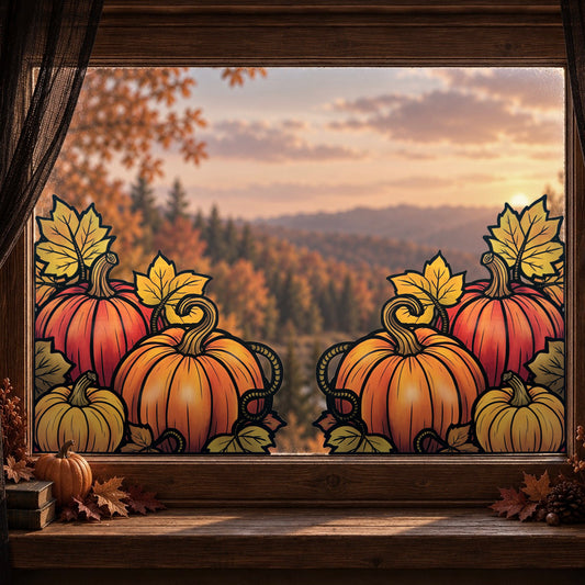 Citrouilles d’automne. Sticker fenêtre vitrail. Décoration repositionnable à découper