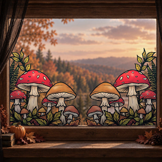 Champignons de la forêt. Sticker fenêtre vitrail. Décoration repositionnable à découper