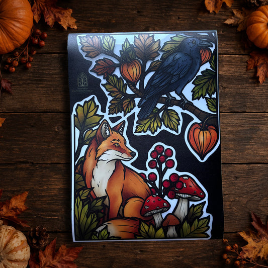 Renard & corbeau d’automne. Sticker fenêtre vitrail. Décoration repositionnable à découper