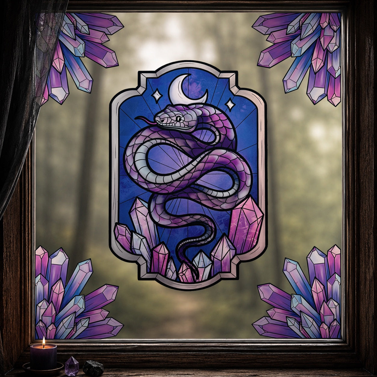 Venin d'améthyste. Sticker fenêtre vitrail. Serpent et cristaux. Décoration repositionnable à découper.
