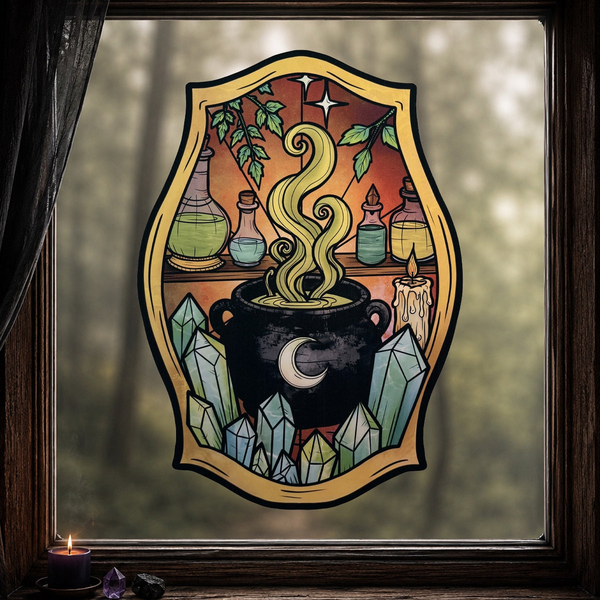 Potion d'émeraude. Sticker fenêtre vitrail. Chaudron magique et cristaux. Décoration repositionnable à découper