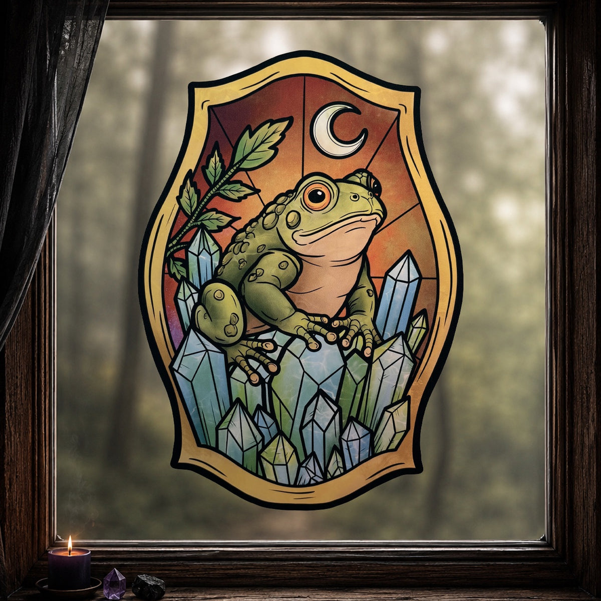 Crapaud d'émeraude. Sticker fenêtre vitrail. Crapaud lune et cristaux. Décoration repositionnable à découper