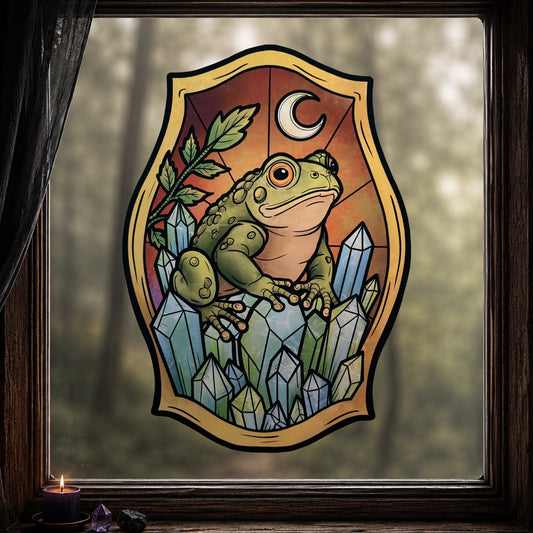 Crapaud d'émeraude. Sticker fenêtre vitrail. Crapaud lune et cristaux. Décoration repositionnable à découper