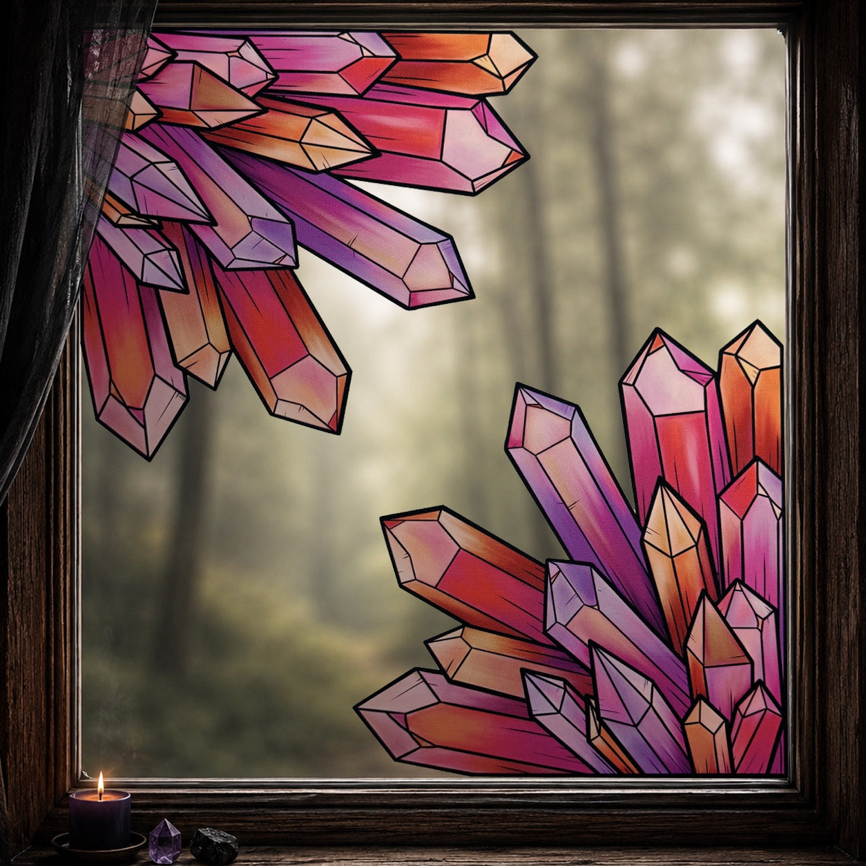 Les Ambres 2 coins. Sticker fenêtre vitrail. Cristaux orange et violets. Décoration repositionnable à découper