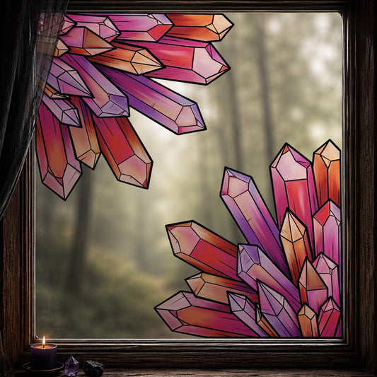 Les Ambres 2 coins. Sticker fenêtre vitrail. Cristaux orange et violets. Décoration repositionnable à découper
