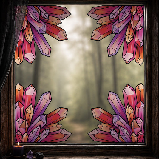 Les Ambres 4 coins. Sticker fenêtre vitrail. Cristaux orange et violets. Décoration repositionnable à découper