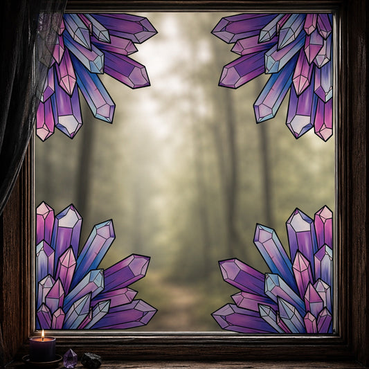 Les Améthystes 4 coins. Sticker fenêtre vitrail. Cristaux violets et bleus. Décoration repositionnable à découper.