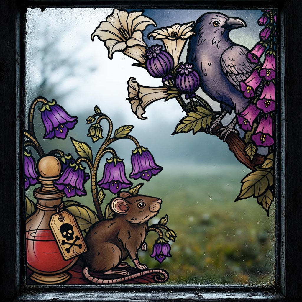 Poison. Sticker fenêtre vitrail. Corbeau, souris et fleurs toxiques. Décoration repositionnable à découper