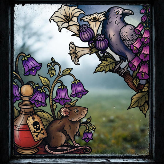 Poison. Sticker fenêtre vitrail. Corbeau, souris et fleurs toxiques. Décoration repositionnable à découper