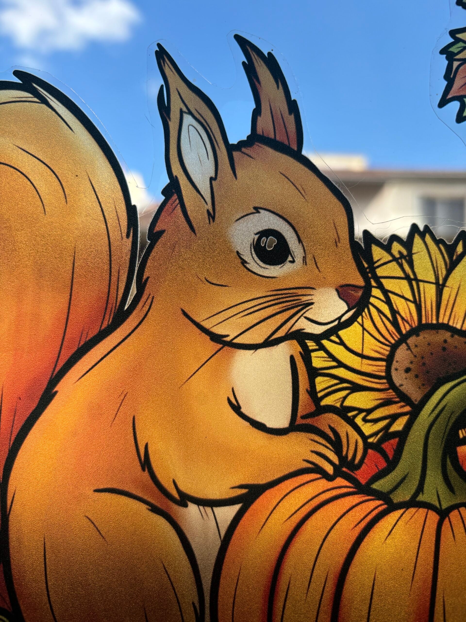Écureuil d'automne et citrouille. Stickers repositionnables. A4 à découper.