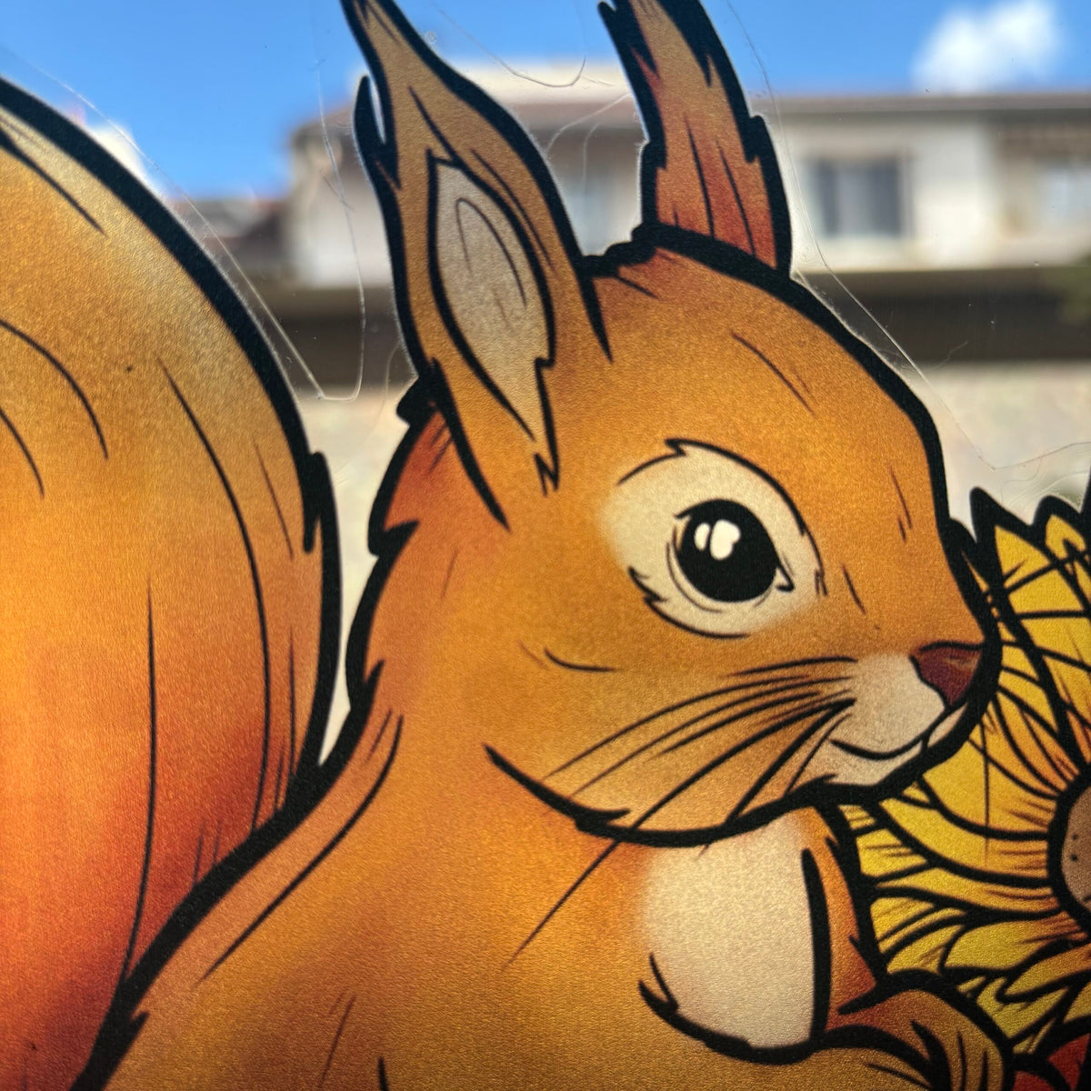 Écureuil d'automne et citrouille. Stickers repositionnables. A4 à découper.
