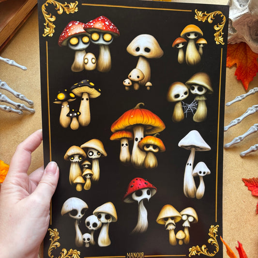 Champignons Curieux. Planche Illustrée, Forêt Sombre Enchantée. Impression A4