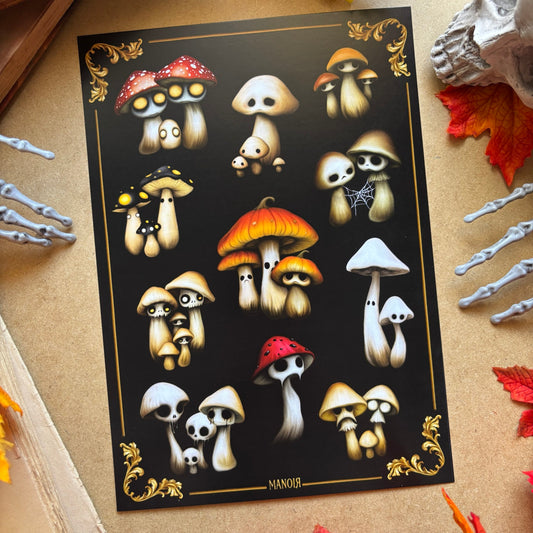 Champignons Curieux. Planche Illustrée, Forêt Sombre Enchantée. Impression A4
