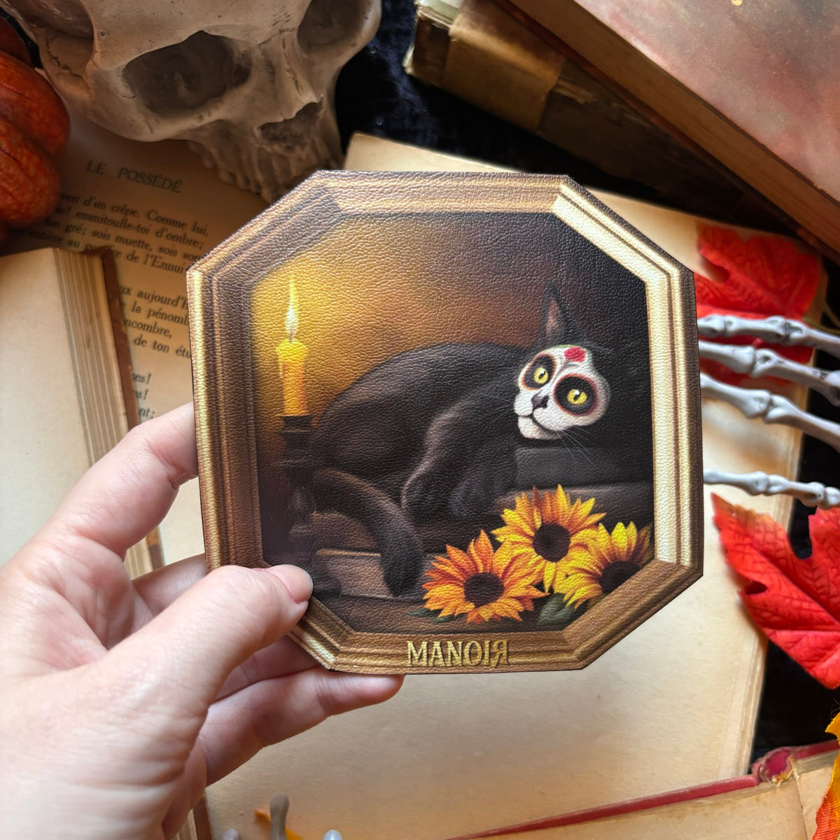 Sous Tasse. Selkie 🖤. Chat noir calavera