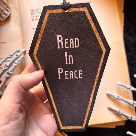 Read in Peace. Marque Page en forme de cercueil. Humour noir