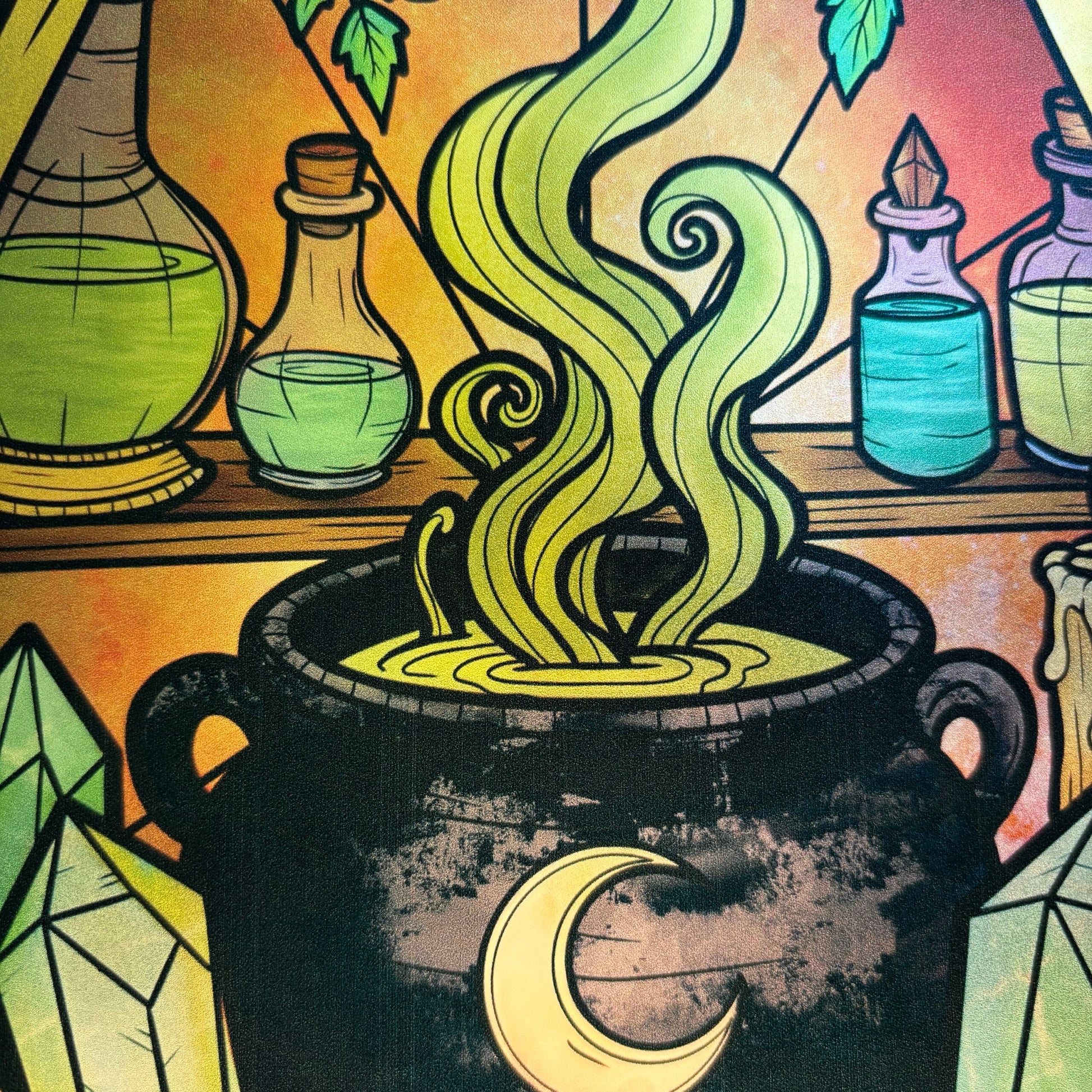 Potion d'émeraude. Sticker fenêtre vitrail. Chaudron magique et cristaux. Décoration repositionnable à découper