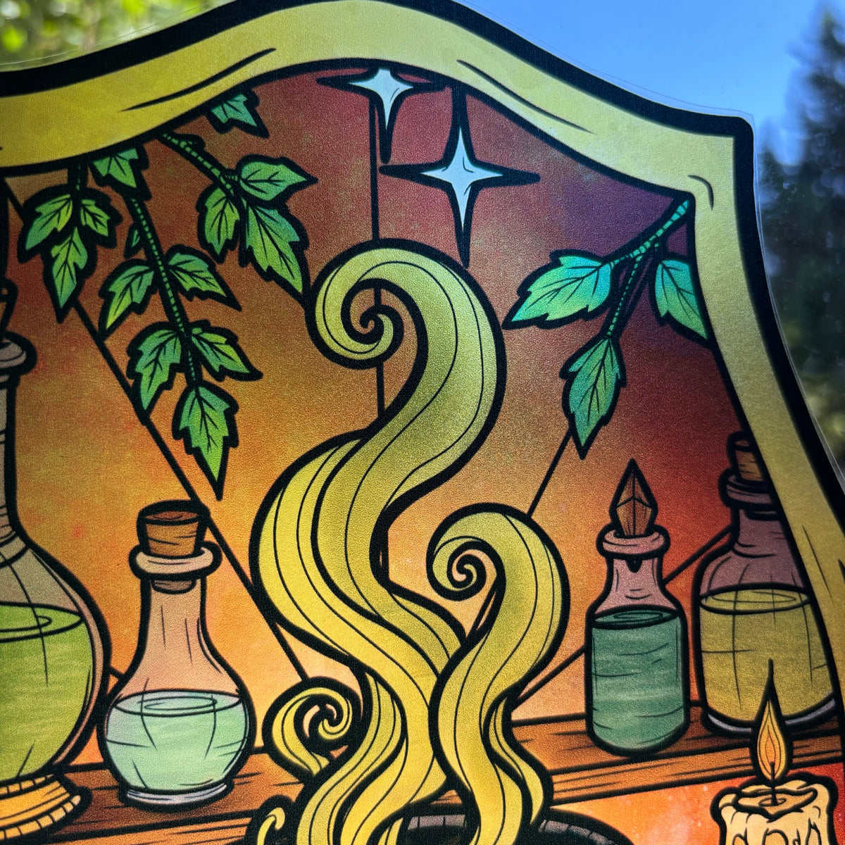 Potion d'émeraude. Sticker fenêtre vitrail. Chaudron magique et cristaux. Décoration repositionnable à découper