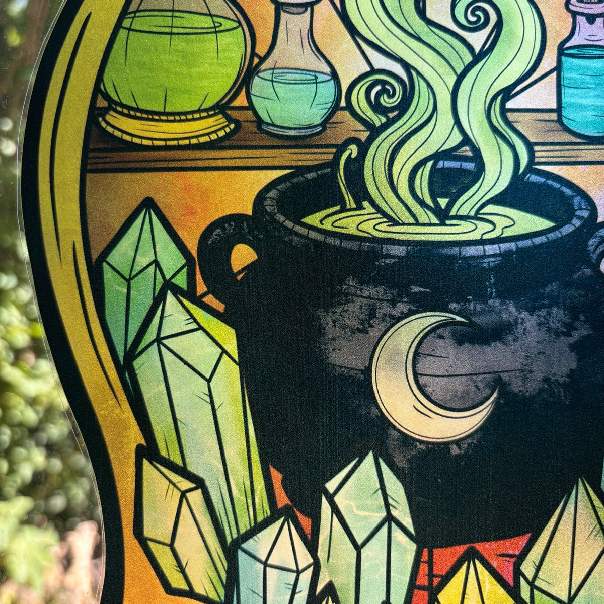 Potion d'émeraude. Sticker fenêtre vitrail. Chaudron magique et cristaux. Décoration repositionnable à découper