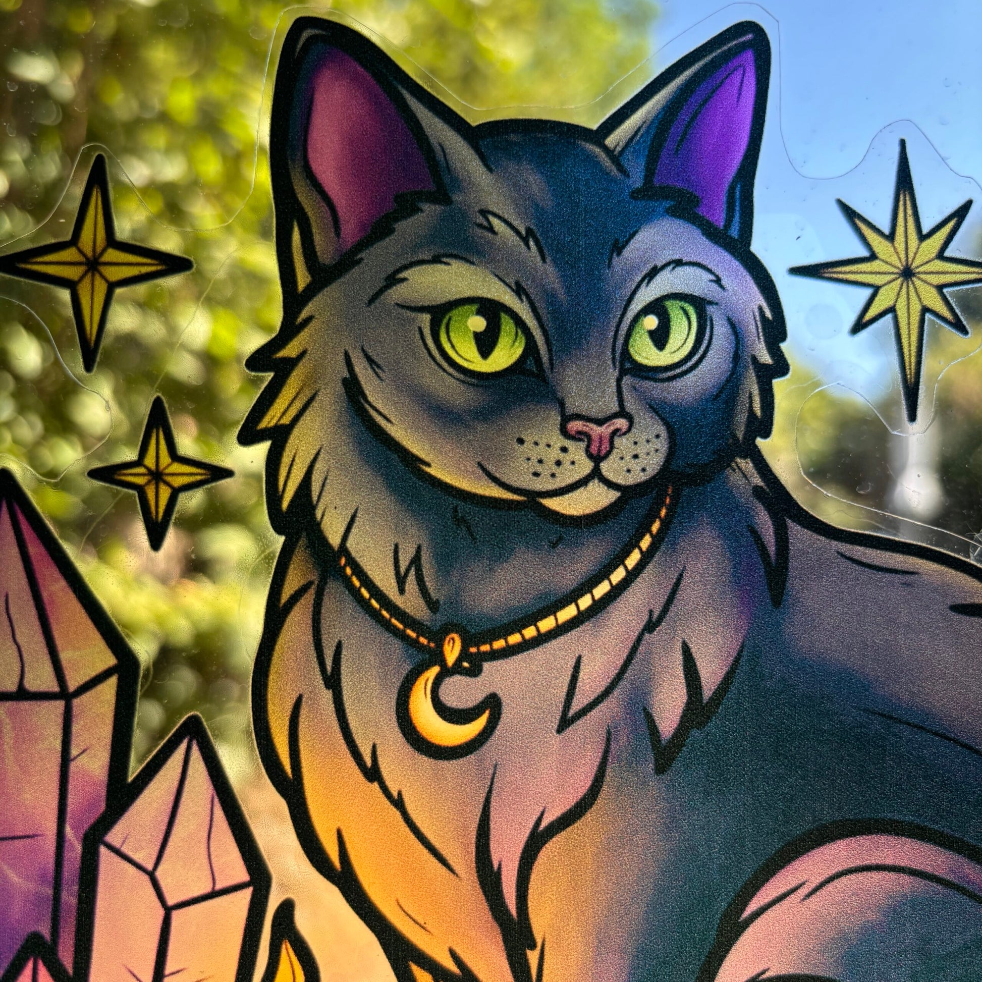 Nuit magique. Sticker fenêtre vitrail. Chat noir et chauve-souris mystiques. Décoration repositionnable à découper