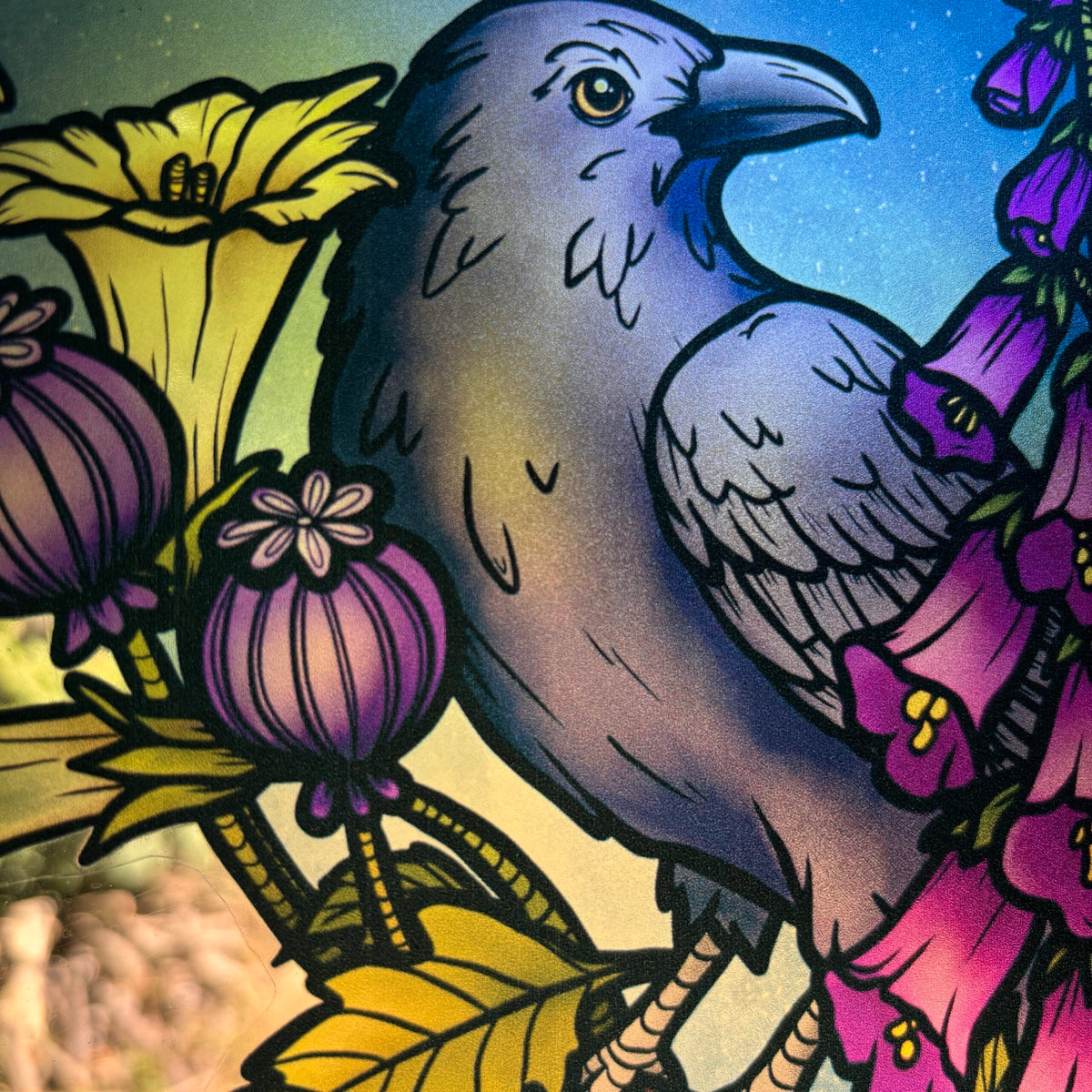 Poison. Sticker fenêtre vitrail. Corbeau, souris et fleurs toxiques. Décoration repositionnable à découper