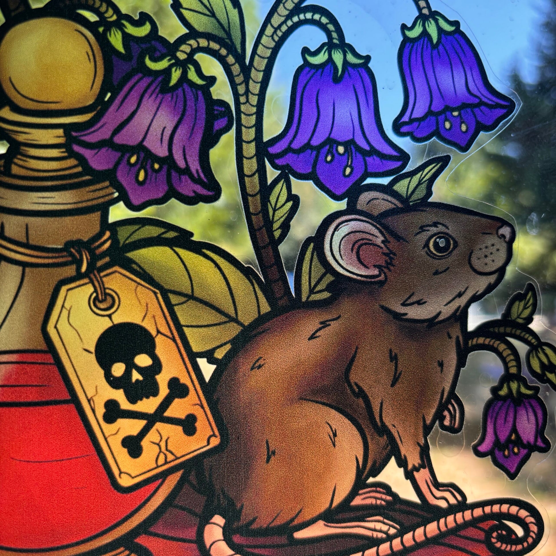 Poison. Sticker fenêtre vitrail. Corbeau, souris et fleurs toxiques. Décoration repositionnable à découper