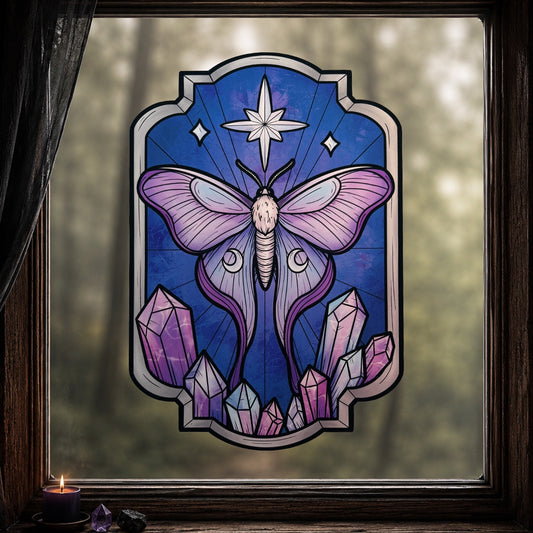 Nuit d'améthyste. Sticker fenêtre vitrail. Papillon de lune et cristaux. Décoration repositionnable à découper.