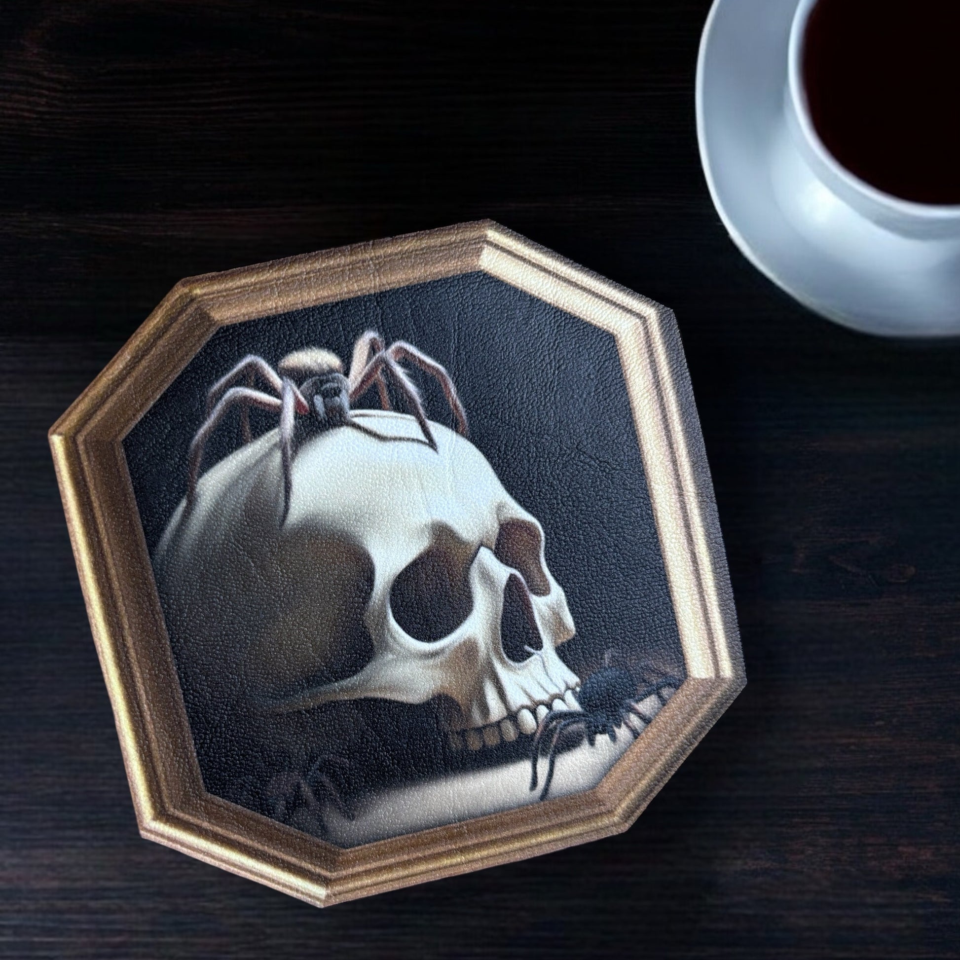 Sous Tasse. Le crâne et les araignées