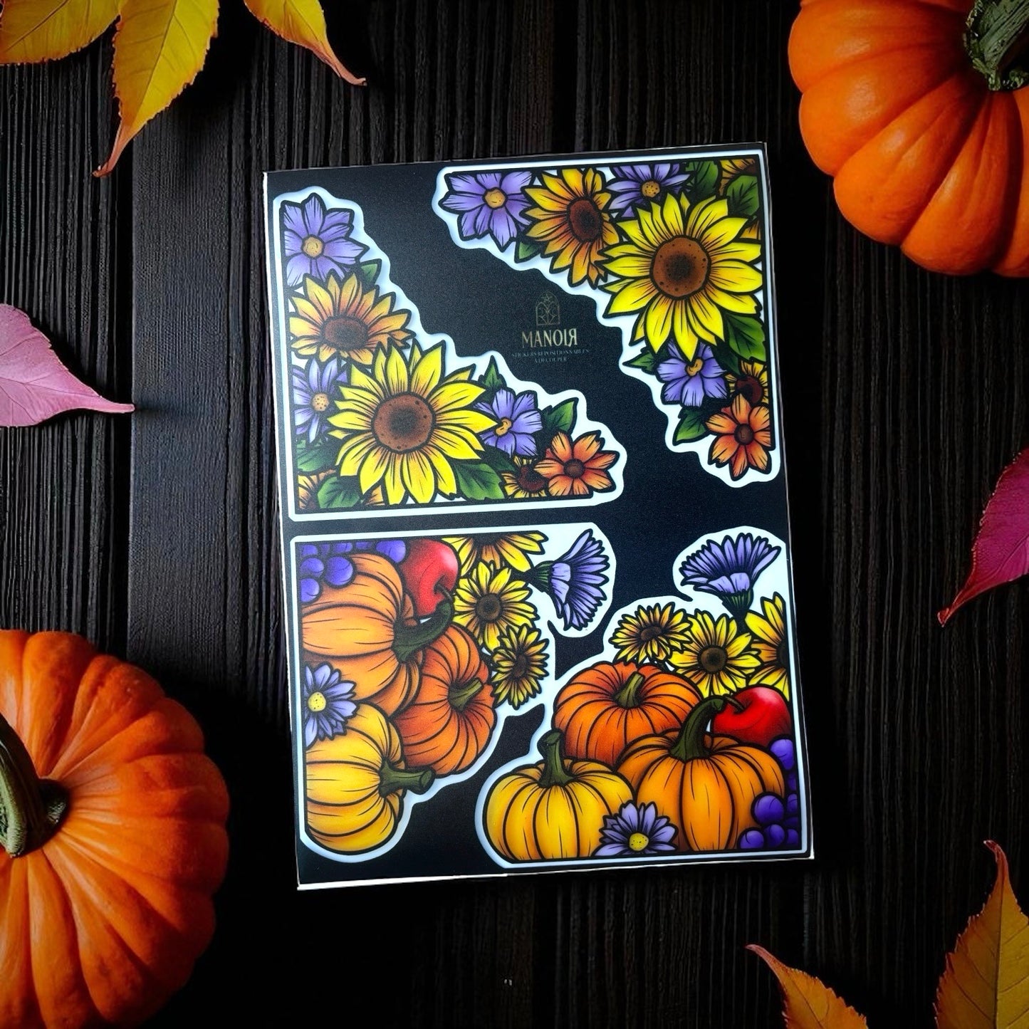 Citrouilles &amp; Fleurs (4 motifs). Stickers repositionnables. A4 à découper.
