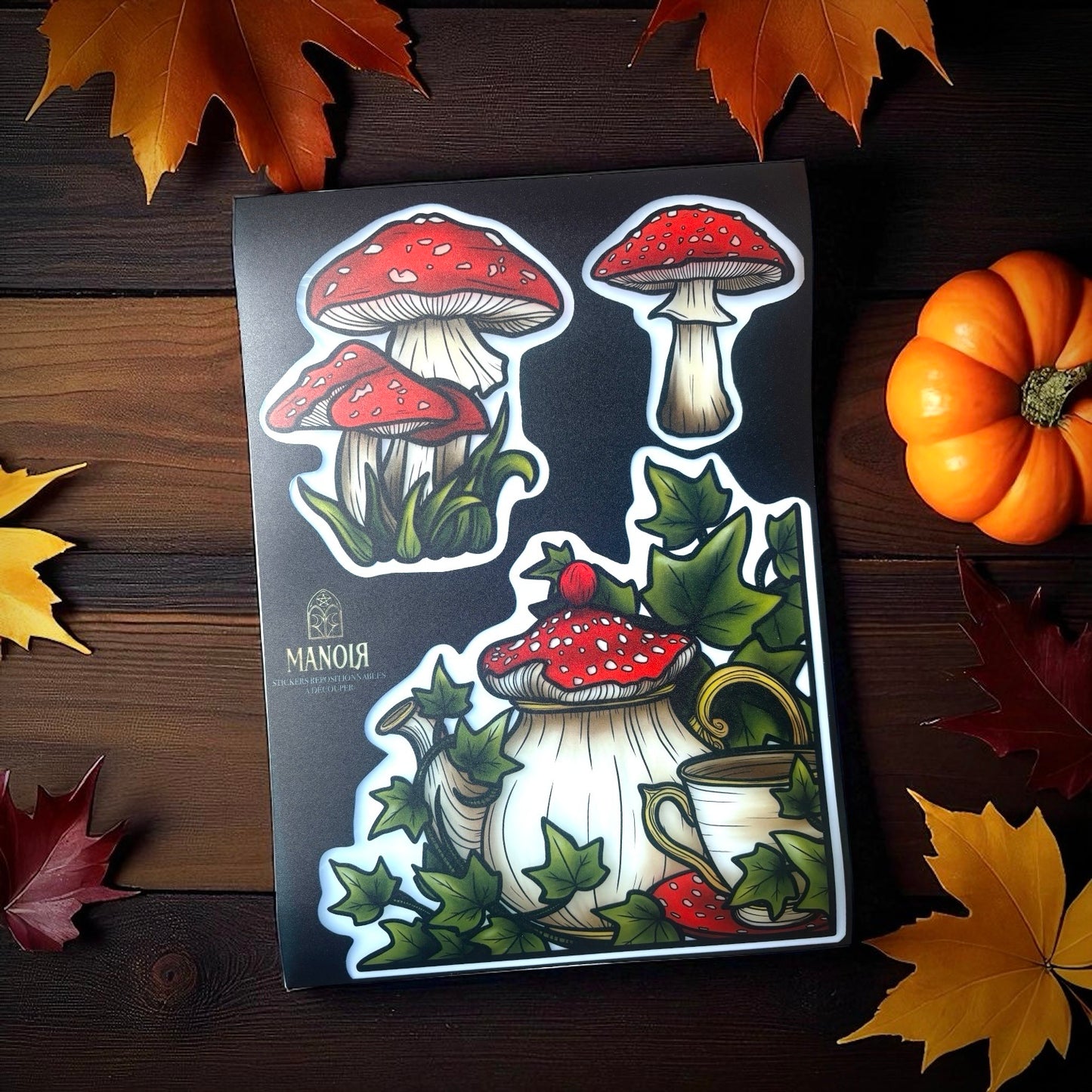 Thé aux Champignons. Stickers repositionnables. A4 à découper.