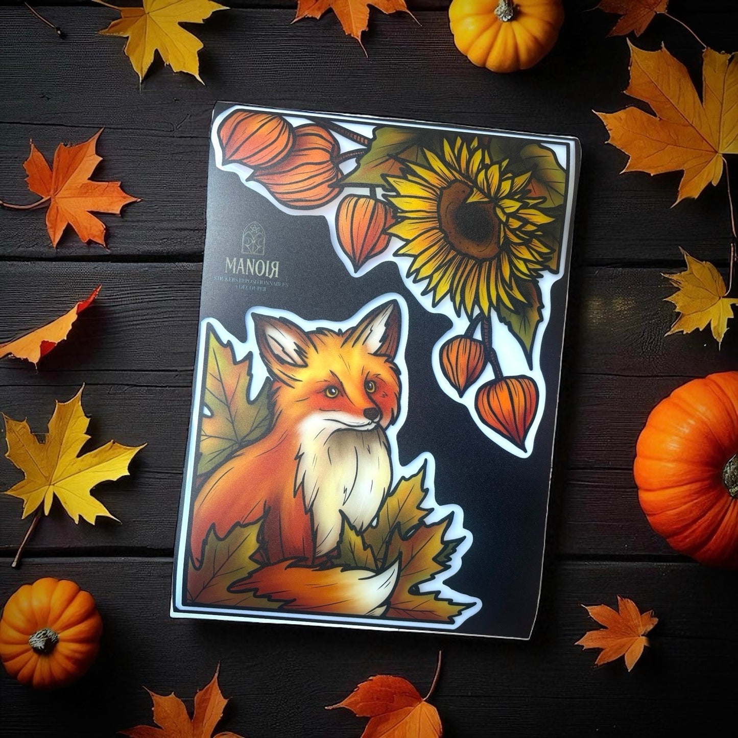 Renard d'automne. Stickers repositionnables. A4 à découper.