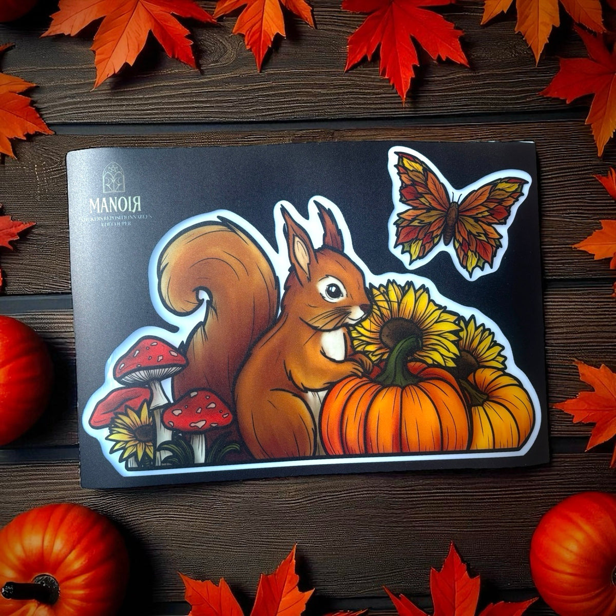 Écureuil d'automne et citrouille. Stickers repositionnables. A4 à découper.