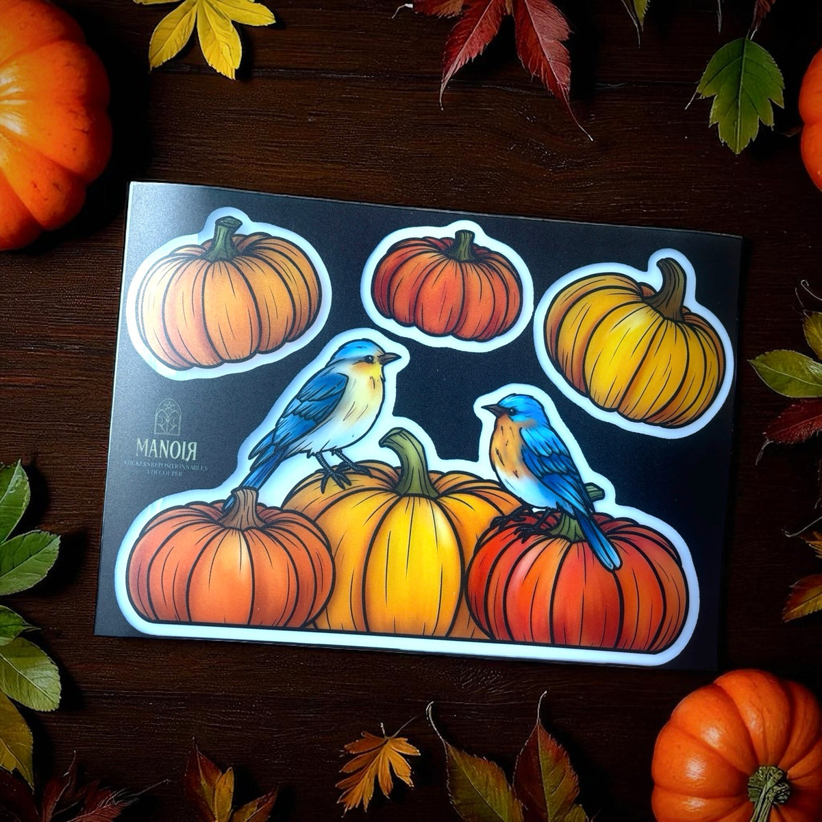 Citrouilles et oiseaux bleus. Stickers repositionnables. A4 à découper.