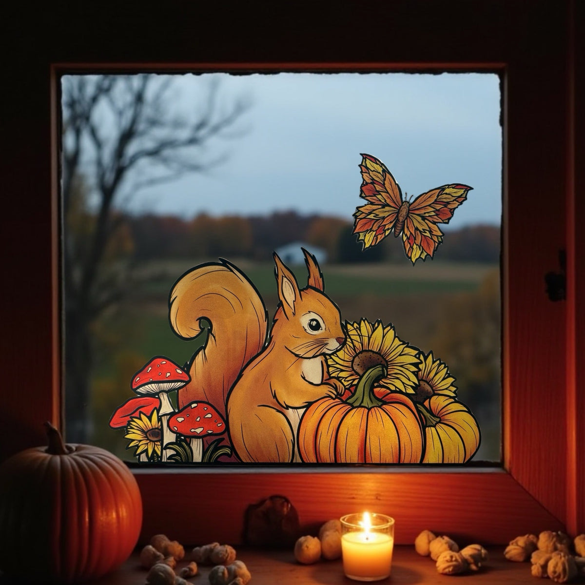 Écureuil d'automne et citrouille. Stickers repositionnables. A4 à découper.