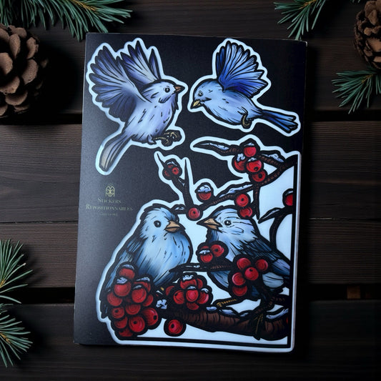 Un chant dans la neige. Stickers repositionnables. A4 à découper. Oiseaux d’hiver et branches de baies rouges