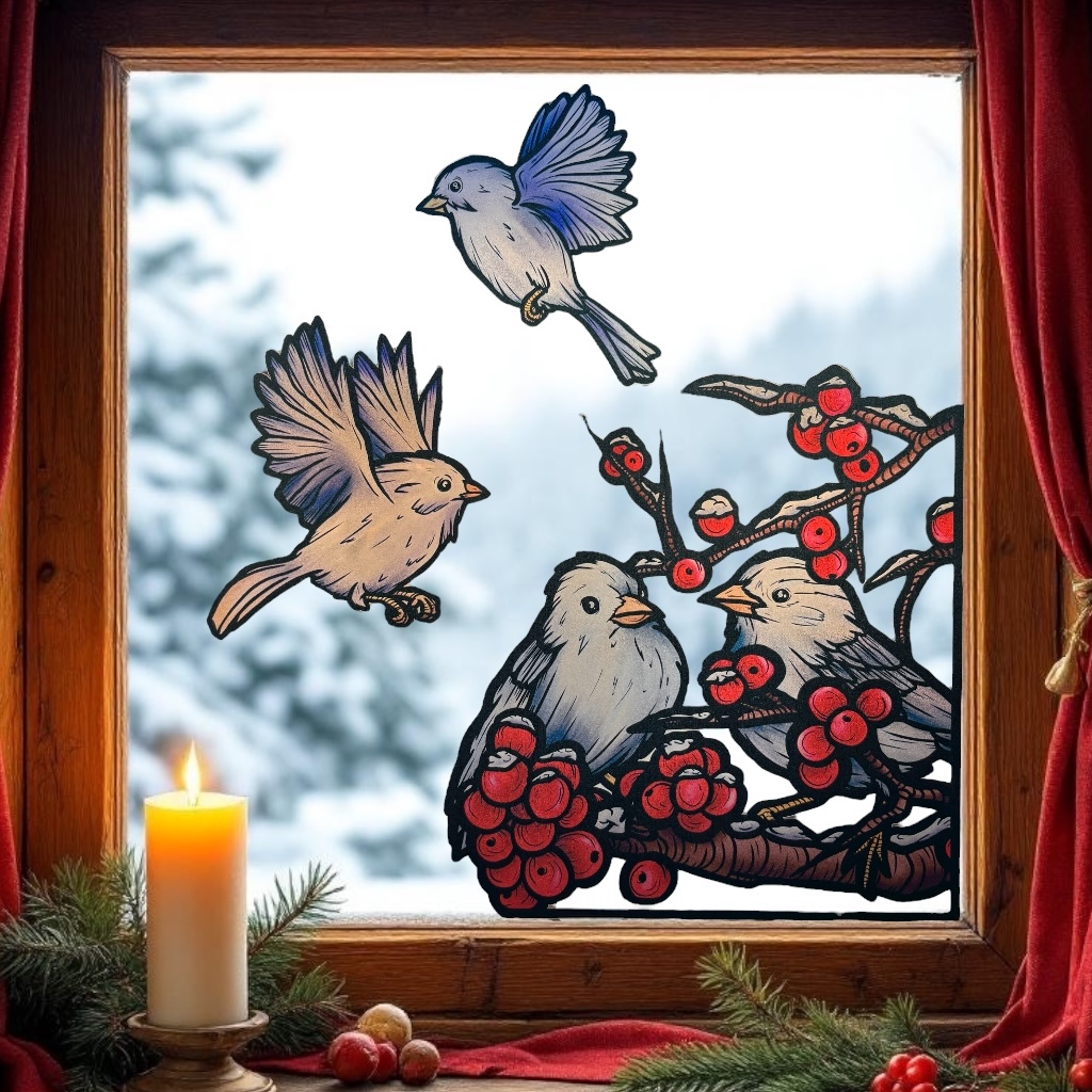 Un chant dans la neige. Stickers repositionnables. A4 à découper. Oiseaux d’hiver et branches de baies rouges