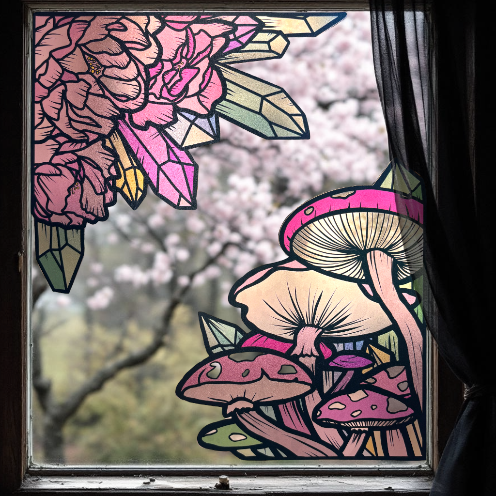 Pivoines et Champignons roses. Stickers repositionnables. A4 à découper.