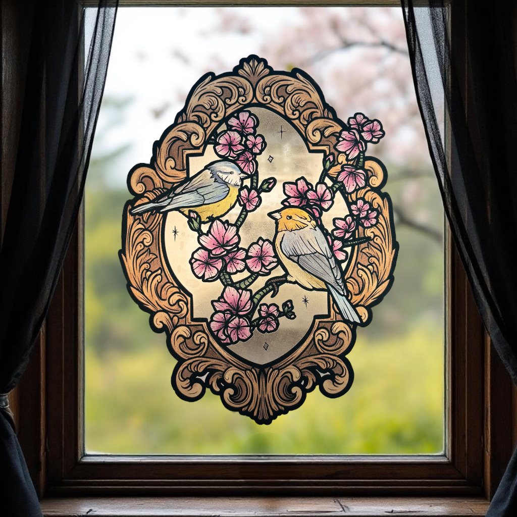 Mésanges. Sticker repositionnable. À assortir aux coins fleurs de cerisier. A4 à découper.