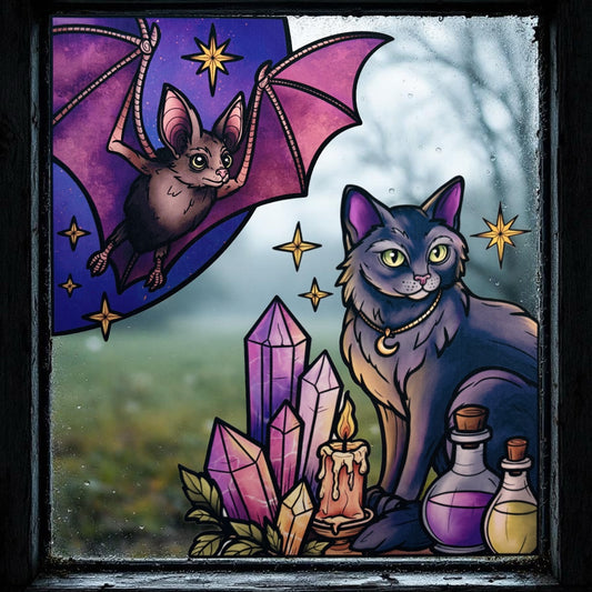 Nuit magique. Sticker fenêtre vitrail. Chat noir et chauve-souris mystiques. Décoration repositionnable à découper