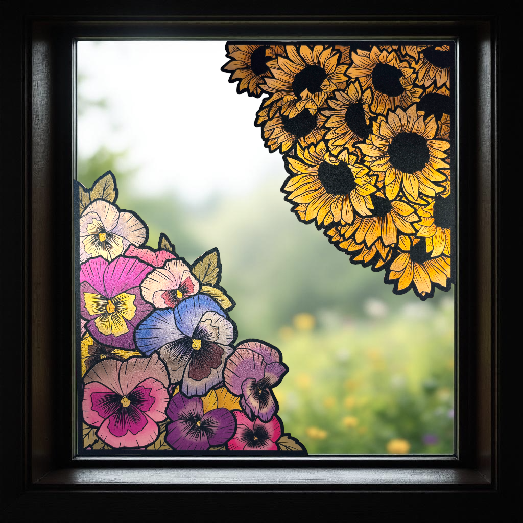 Pensées et tournesols. Stickers repositionnables. A4 à découper.