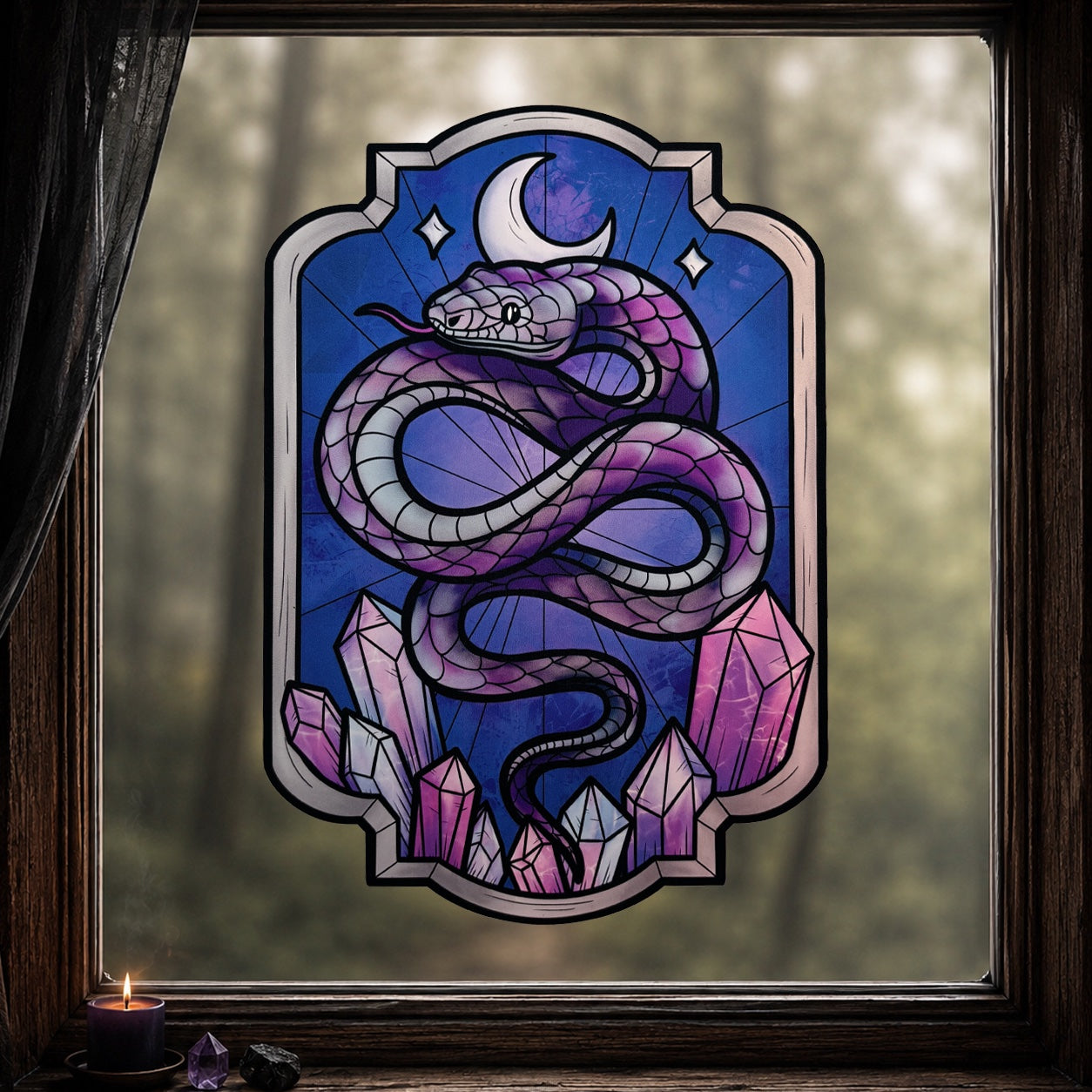 Venin d'améthyste. Sticker fenêtre vitrail. Serpent et cristaux. Décoration repositionnable à découper.