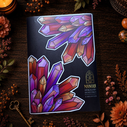 Les Ambres 2 coins. Sticker fenêtre vitrail. Cristaux orange et violets. Décoration repositionnable à découper