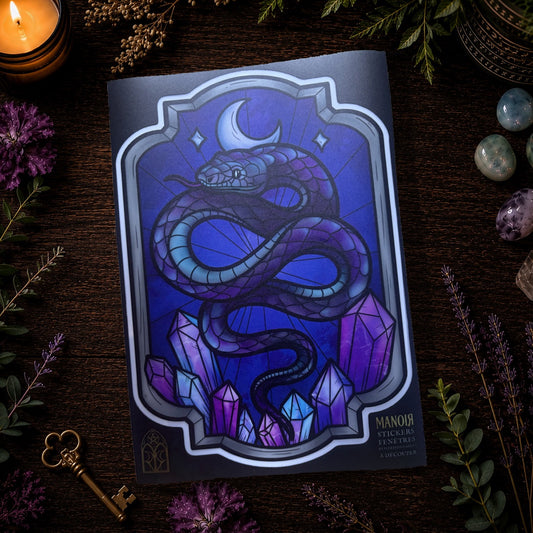 Venin d'améthyste. Sticker fenêtre vitrail. Serpent et cristaux. Décoration repositionnable à découper.